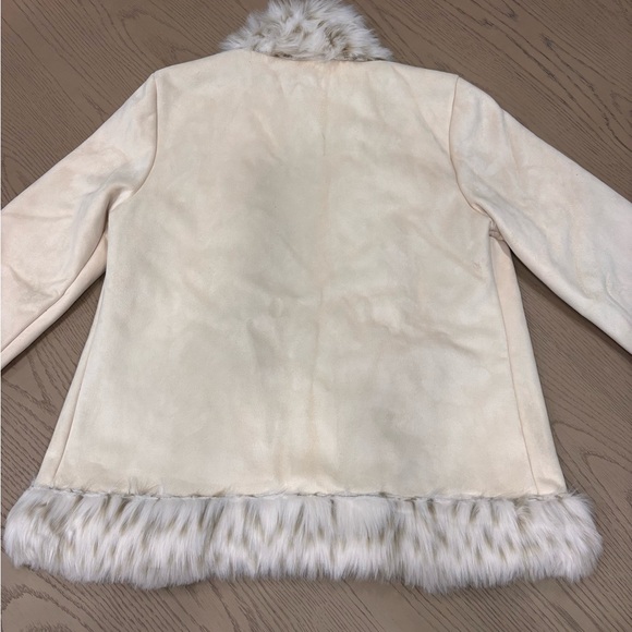White House Black Market Cream Faux Fur Trim Suede Jacket Womens Size Medium - Picture 2 of 5